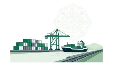 Illustration of Caspian port and rail trade infrastructure with a Turkmen carpet medallion motif, for TABCA's guide to doing business in Turkmenistan