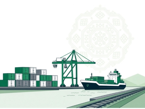 Illustration of Caspian port and rail trade infrastructure with a Turkmen carpet medallion motif, for TABCA's guide to doing business in Turkmenistan