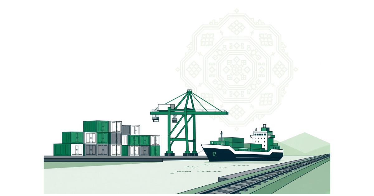 Illustration of Caspian port and rail trade infrastructure with a Turkmen carpet medallion motif, for TABCA's guide to doing business in Turkmenistan